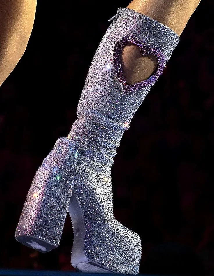 Crystal Studded Heart Cutout Chunky Platform Boots