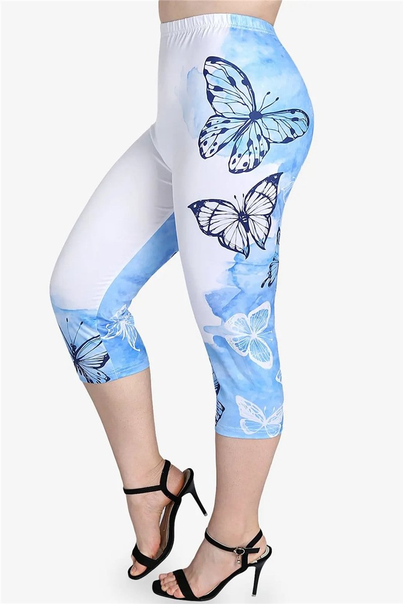 Plus Size Casual Butterfly Print High Waist Cropped Leggings