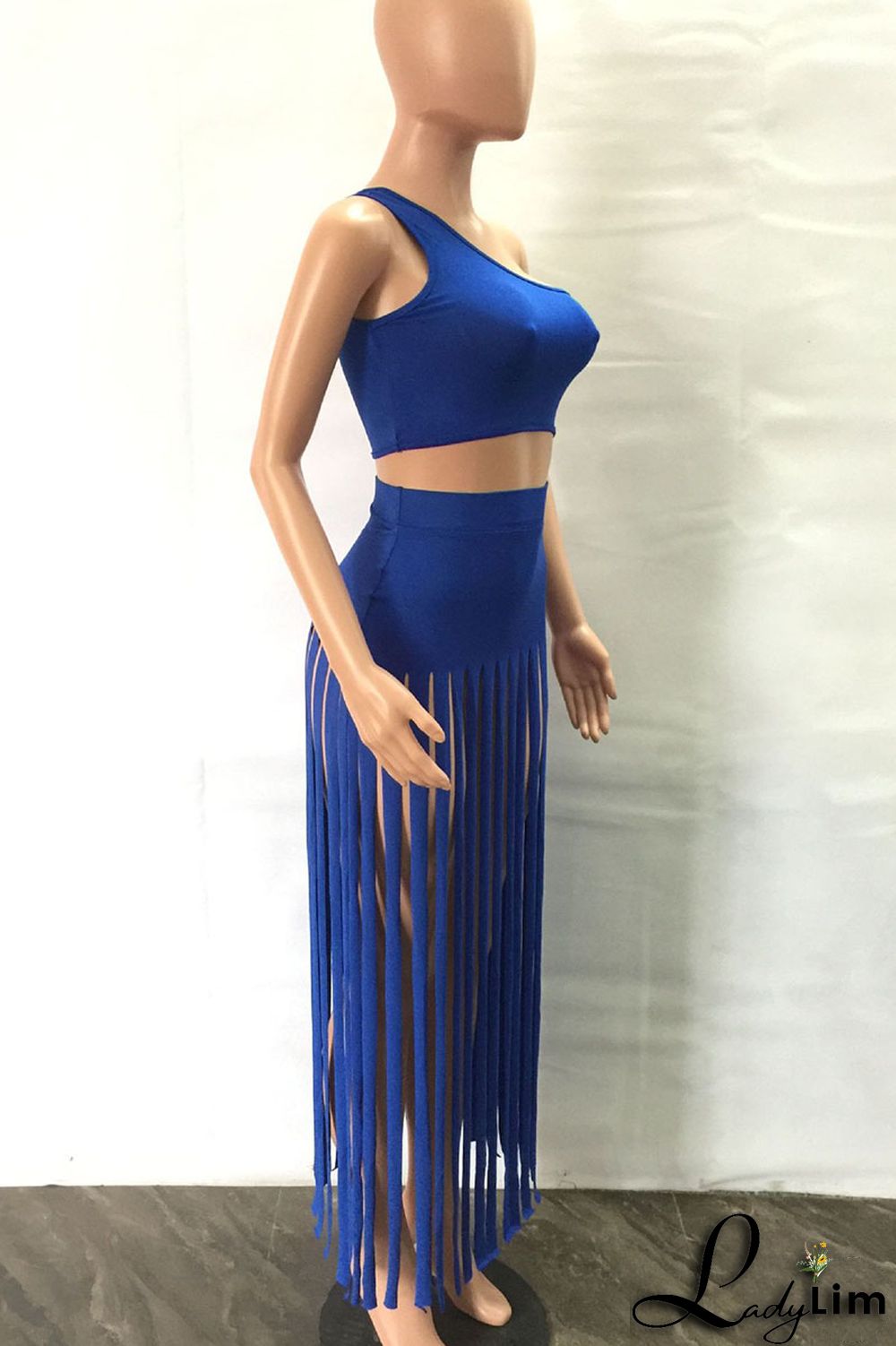 Black Sexy Solid Tassel Patchwork Oblique Collar Two Pieces