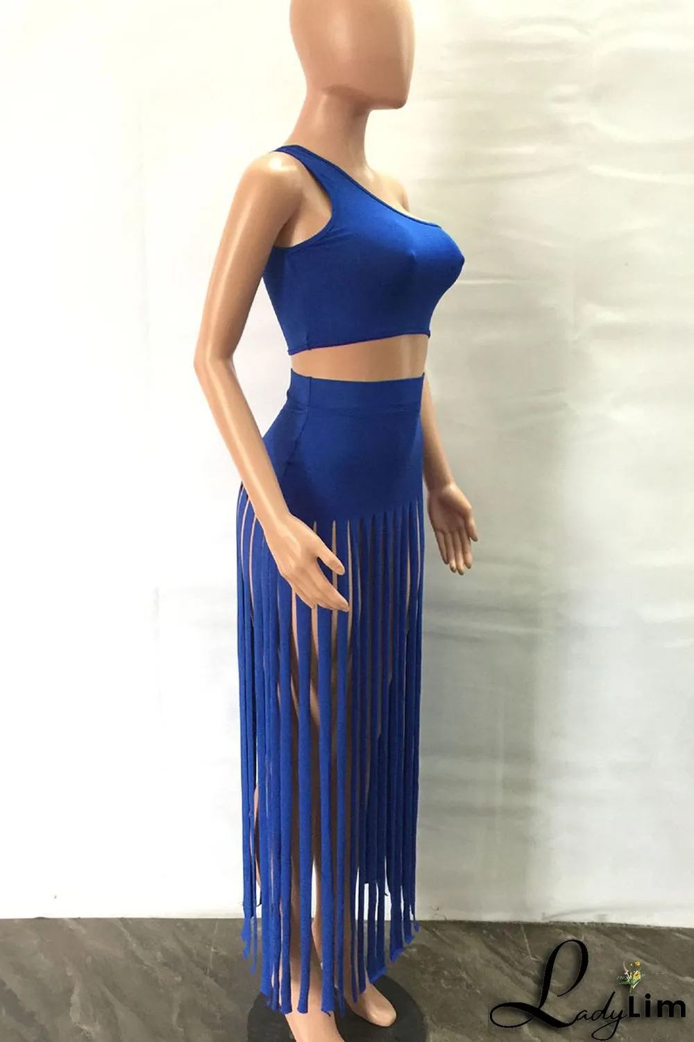 Black Sexy Solid Tassel Patchwork Oblique Collar Two Pieces
