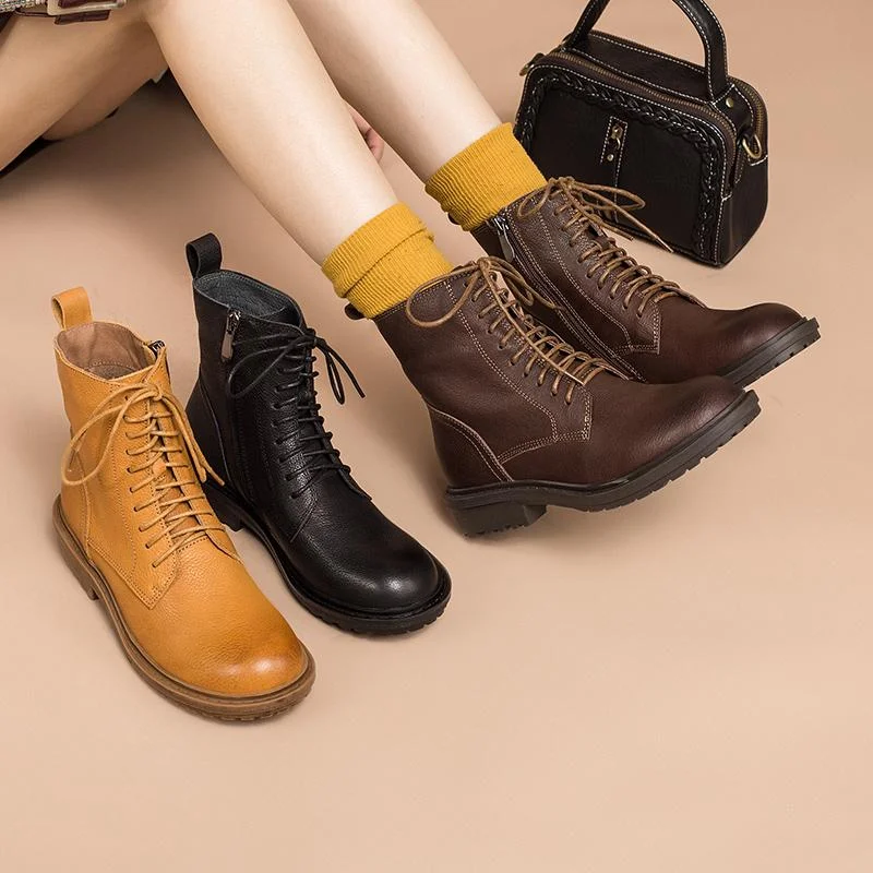 Retro Leather Combat Boots Designer Retro Chunky Riding Boots Side Zip Handmade Dark Yellow/Coffee/Black