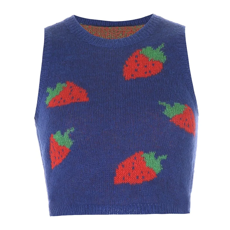 Rapcopter Strawberry Sweaters Pink Crop Top Sleeveless O Neck Cute Tank Top Preppy Style Retro Knitwear Jumper Autumn Winter Top