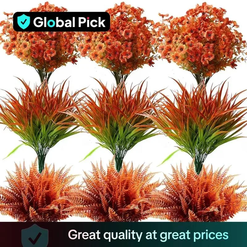 Artificial Pumpkin Flower Plant Decoration, 18pcs/set Faux Fall Flowers Grass Ferns Arrangements, UV Resistant Outside Faux Fall Greenery for Pot Garden Window Box Patio Home, Fruit, Halloween, Artificial Mixed Flower