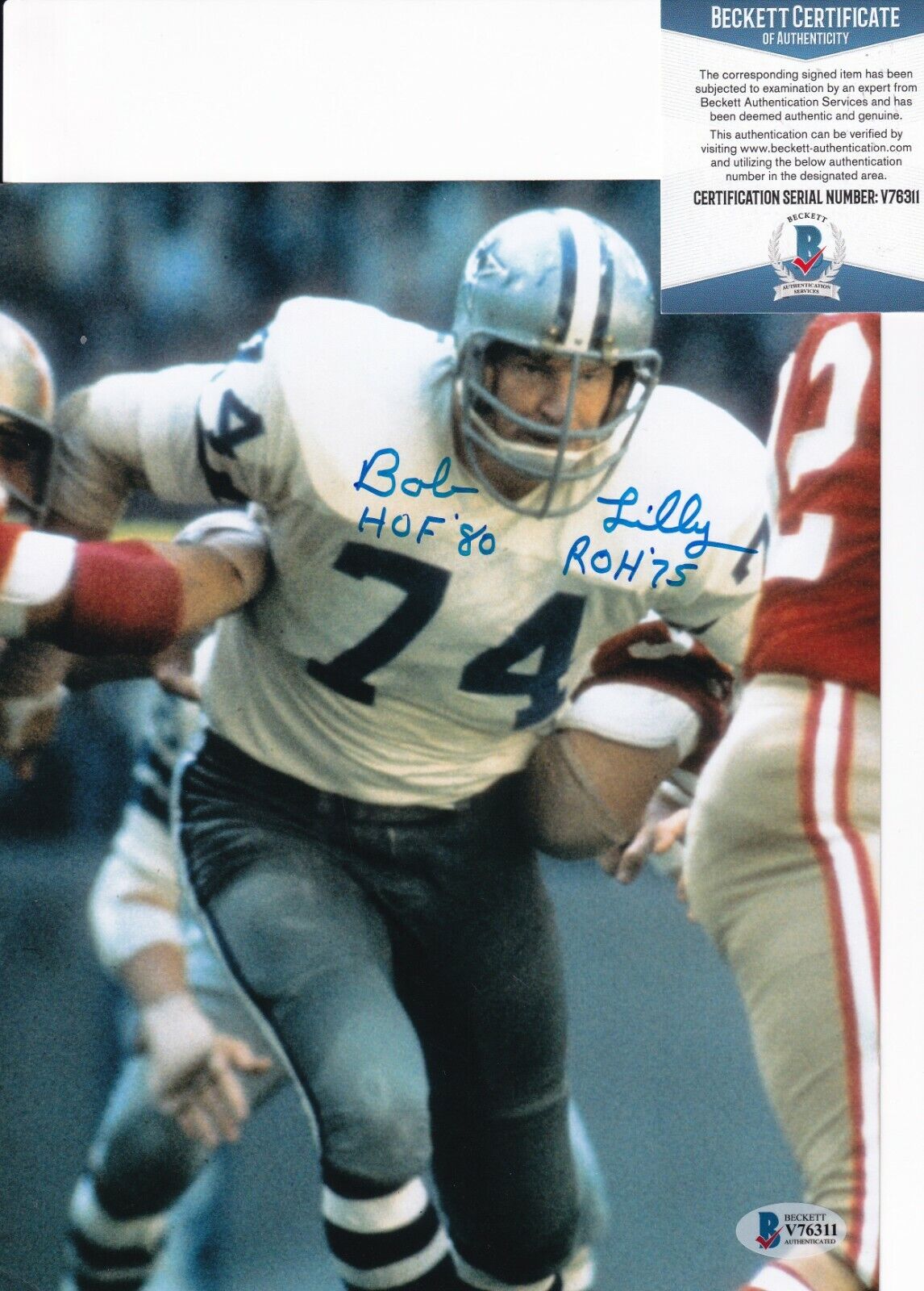 BOB LILLY signed (DALLAS COWBOYS) Football 8X10 Photo Poster painting HOF 80 BECKETT BAS V76311