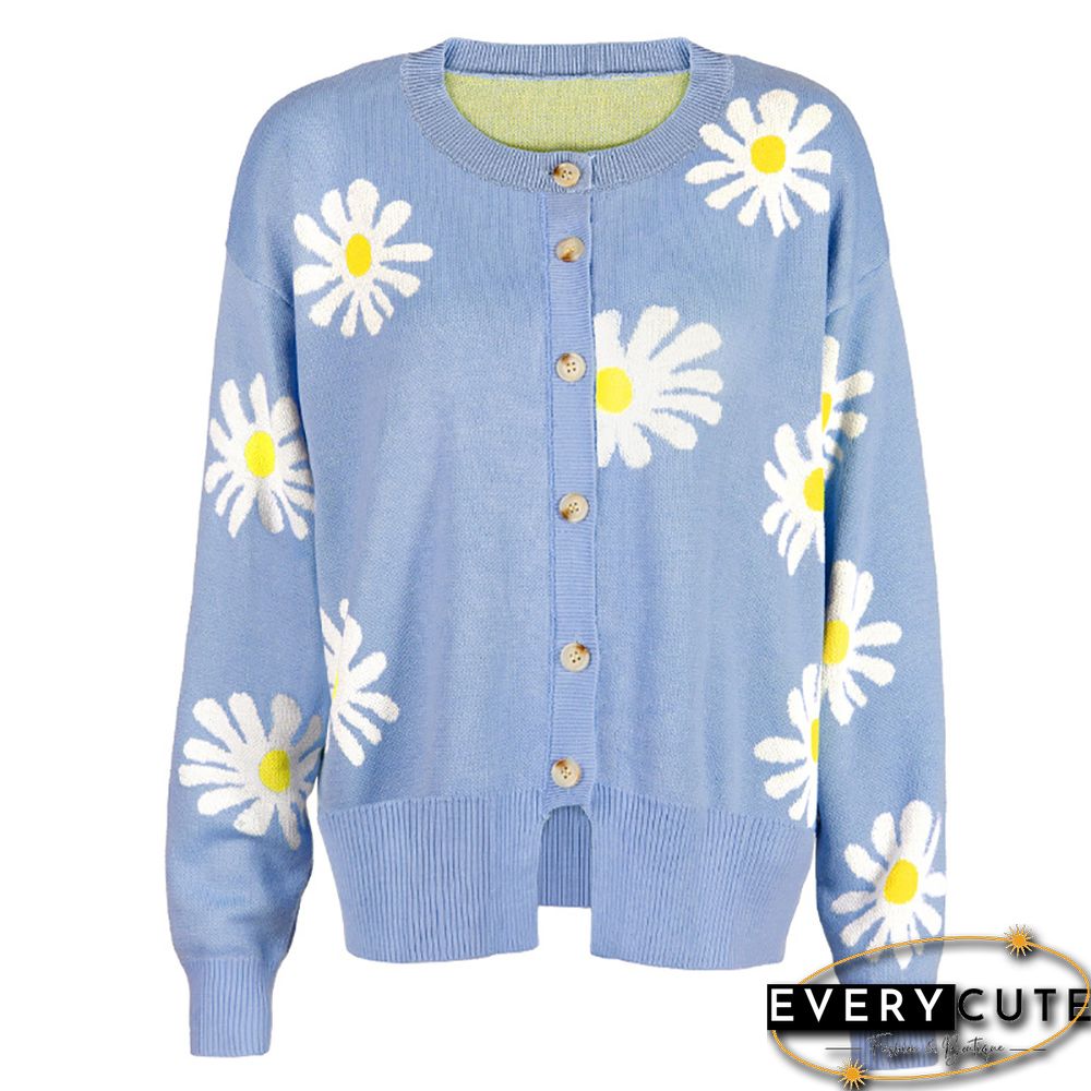 Light Blue Daisy Print Loose Style Knit Cardigan