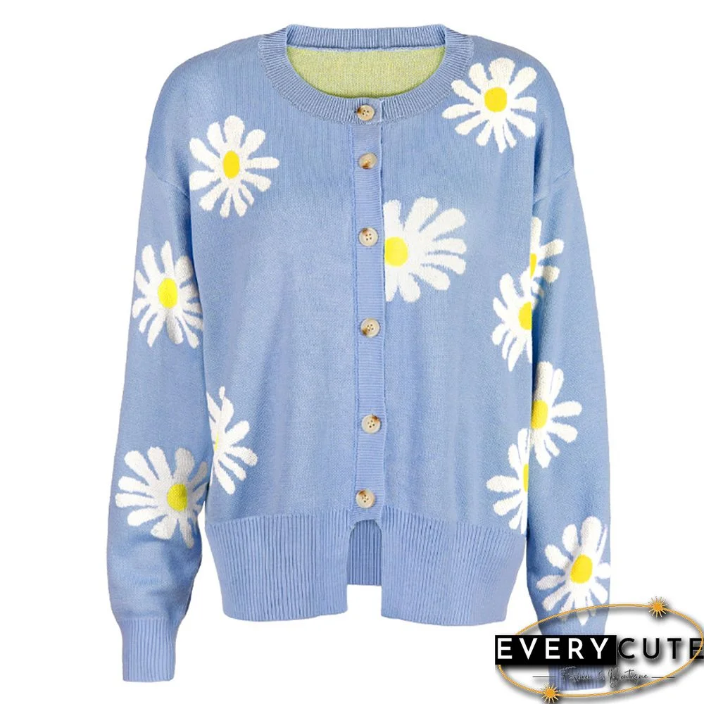 Light Blue Daisy Print Loose Style Knit Cardigan