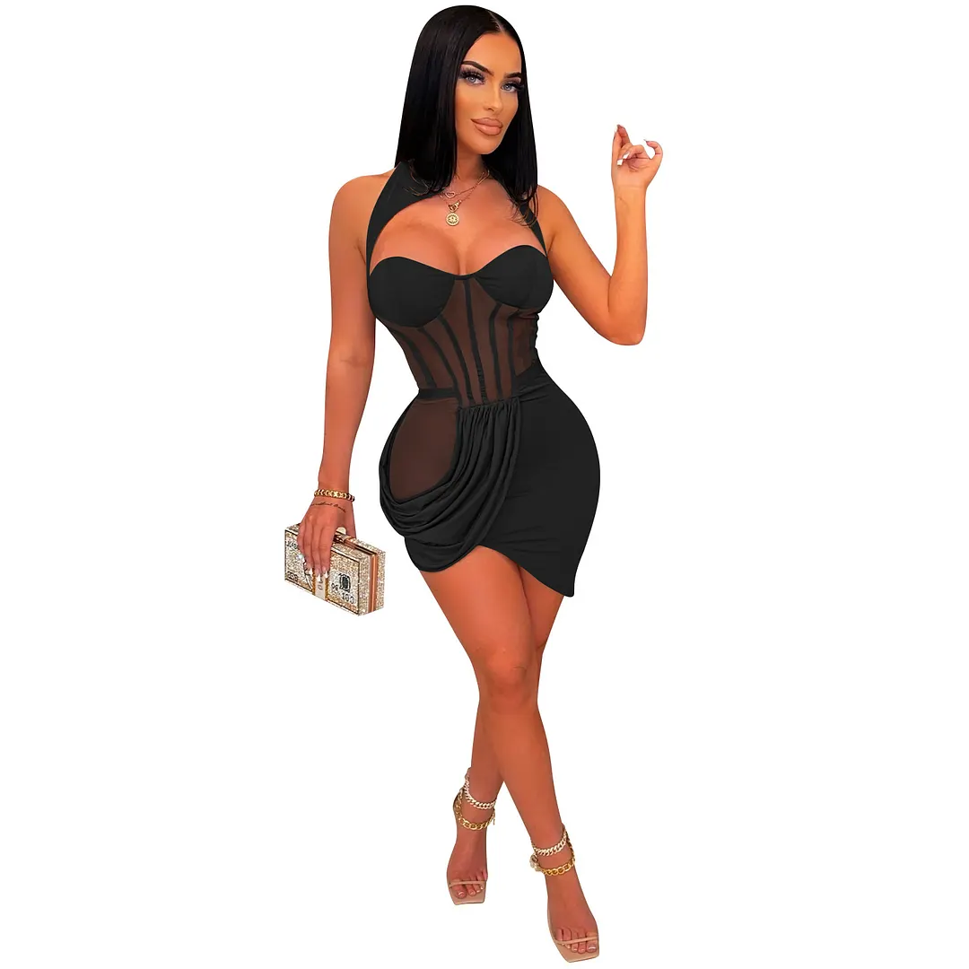 Churchf Churchf New Pure Color Mesh Gauze Perspective Wrapped Chest Wrinkles Irregular Short Dress Dress Female