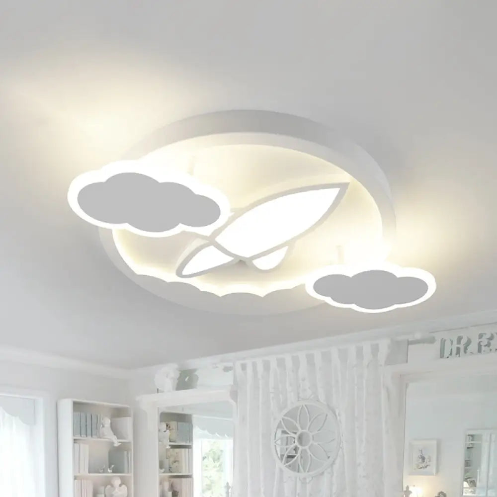 Kid&rsquo;s Led Flush Mount Ceiling Light - Creative White Plane Behind Cloud Design With Acrylic Shade
