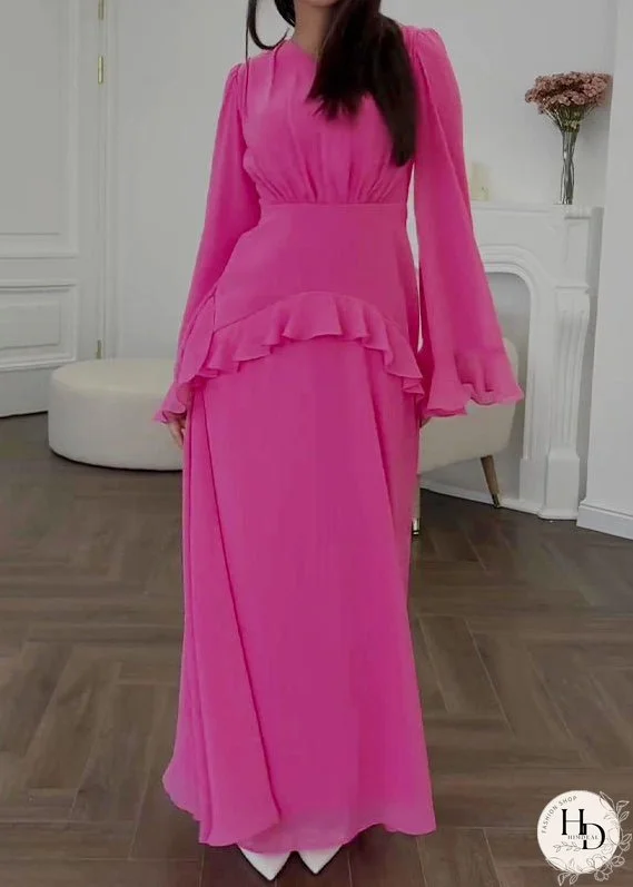 Stylish Rose Ruffled Patchwork Chiffon Dresses Flare Sleeve