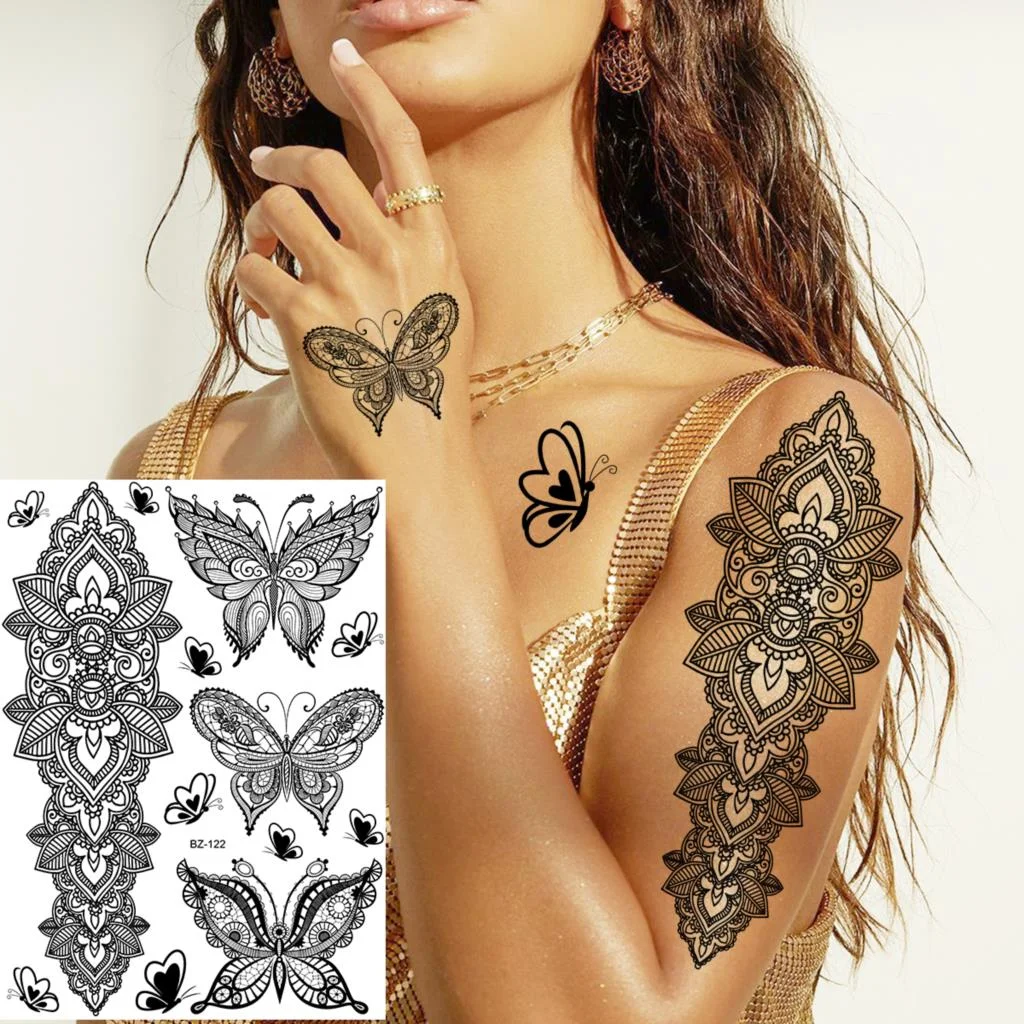 Henna Pendant Temporary Tattoos For Women Undertboob Girls Realistic Butterfly Rose Flower Fake Tattoo Sticker Chest Tatoos