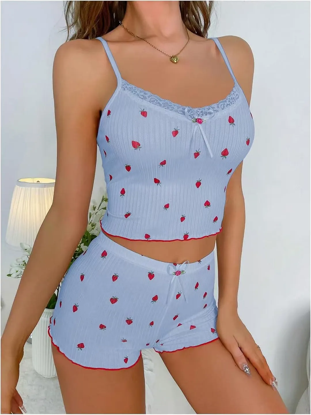 Churchf Summer New Large Print Pit Strip Home Lady Bow Slings Shorts Strawberry Print Two Sets