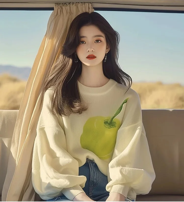 Athvotar Athvotar Year's Popular Beautiful Sweater Niche Loose Thin Lazy Wind Apricot Print Knitted Bottom Shirt Woman