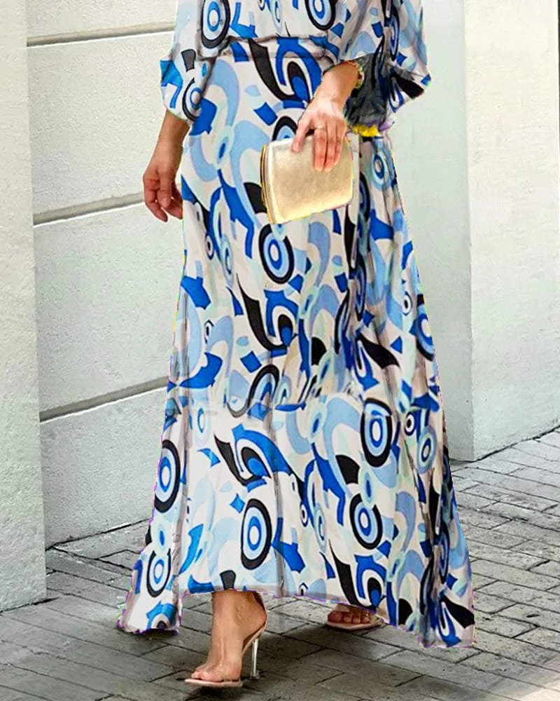 Fashion Crew Neck Print Top & Skirt Two Piece Set