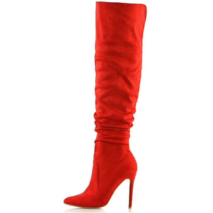 FSJ Red Vegan Suede Stiletto Heel Pointed Toe Knee Slouch Boots |FSJ Shoes