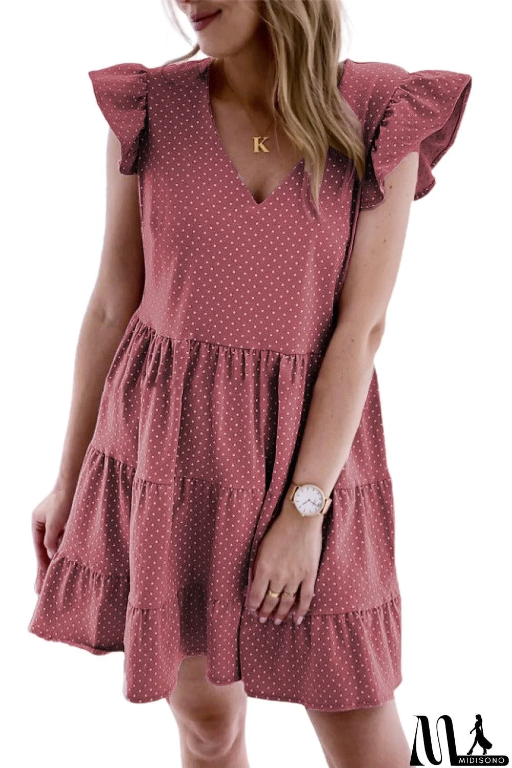MidiSono - Swiss Dots V Neck Cap Sleeve Ruffle Mini Dress