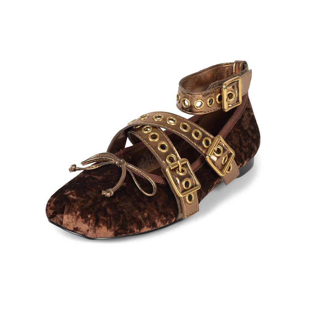 Brown Velvet Round Toe Buckle Strappy Ballet Flats with Bow Nicepairs