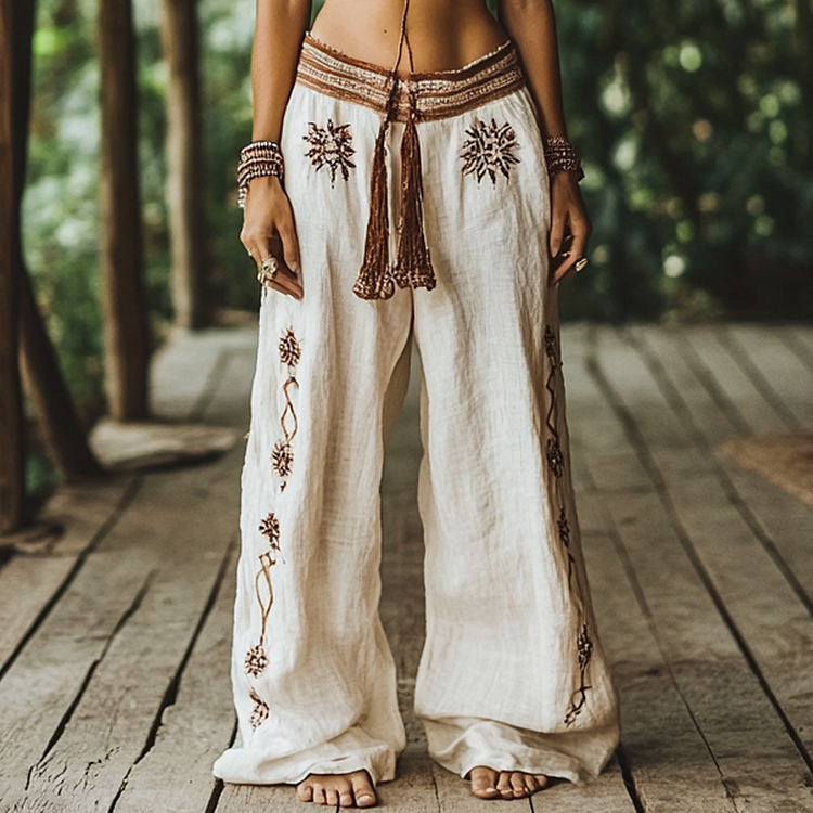 Utbros Vintage Bohemian Floral Ethnic Art Printed Cotton Linen Wide Leg Pants