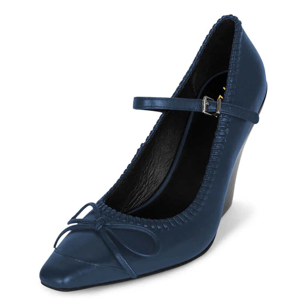 Navy Square Toe Bow Chunky Heel Buckle Strap Mary Jane Pumps