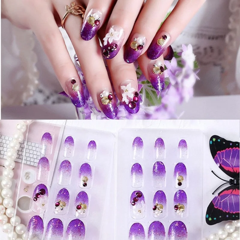 24Pcs/Set Fake Nails Press on Girls Finger Beauty False Nail Art Tips Bright Shining 3D Diamond Full Cover French Nail Art Tips-Nail Inspo