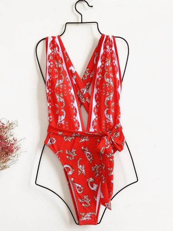 Floral-Print Deep V-Neck Bandage Backless One-Piece Swimwear