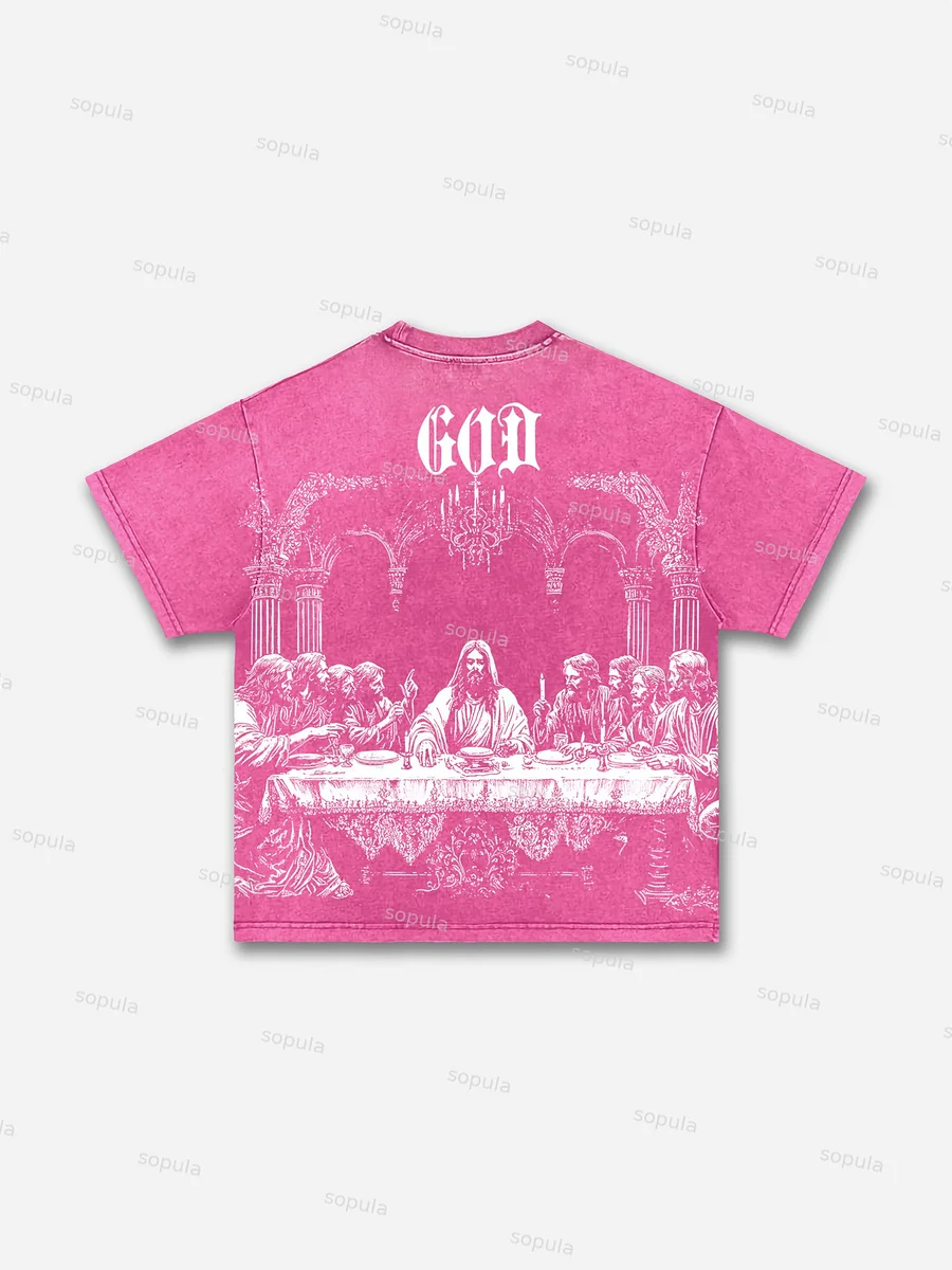 God's Supper Print Acid Wash T-shirt