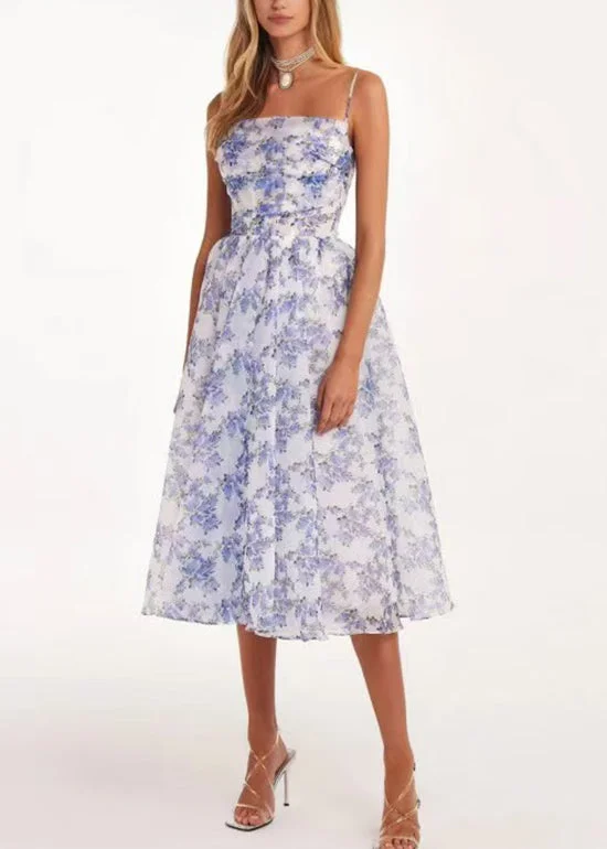 Boutique Blue Print Chiffon Spaghetti Strap Dress Summer