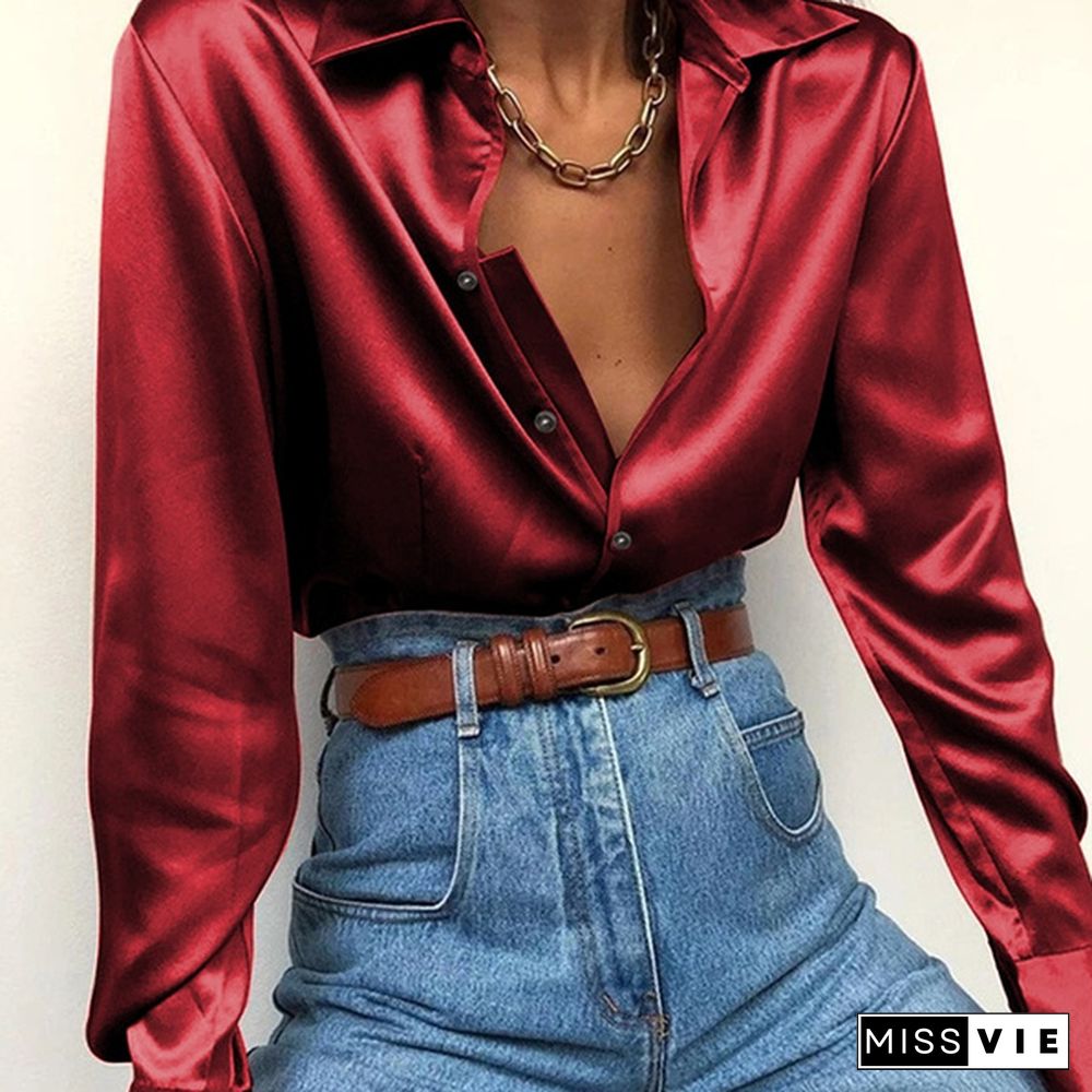 Autumn Women Silk Satin Long Sleeve Lapel Collar Shirt Tops Button Down Laides Casual Elegant Blouse Tops