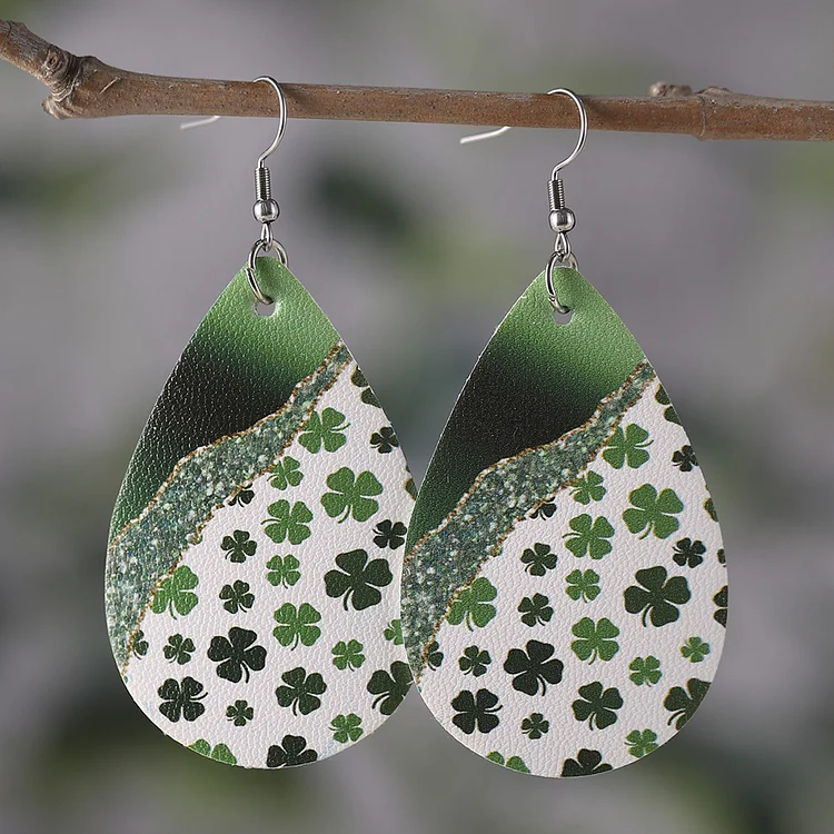St. Patrick's Day Vintage Green Four-Leaf Clover Teardrop Earrings