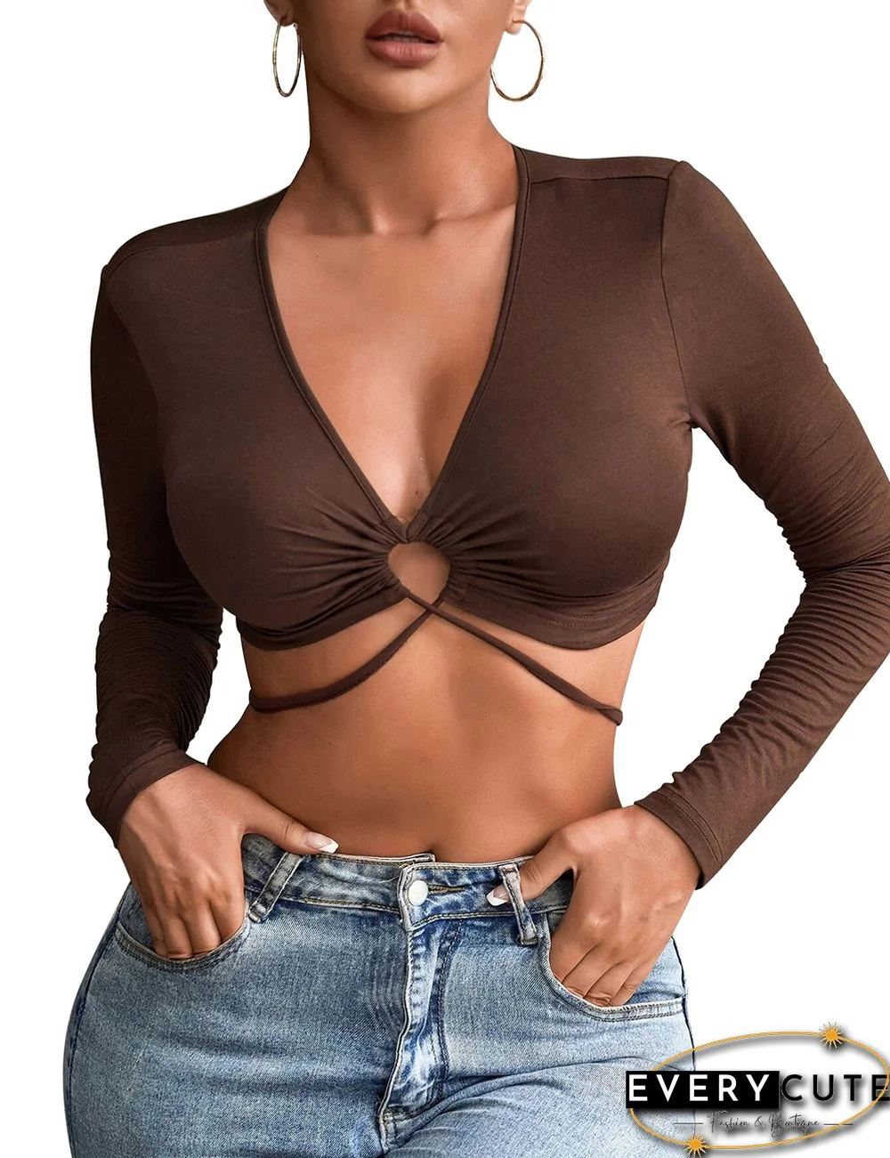 Brown Hollow Out Long Sleeve Crop Tops