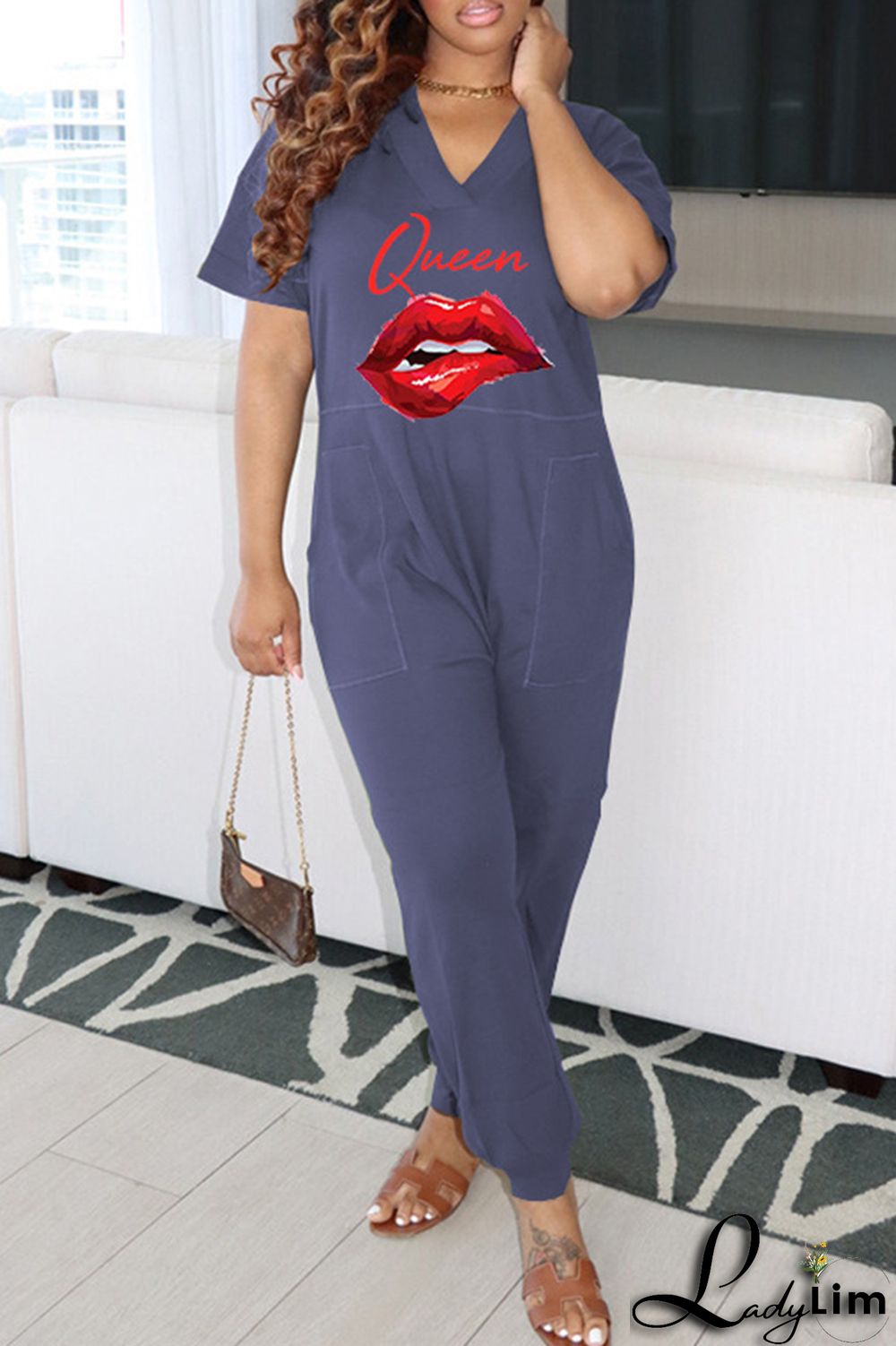 Deep Blue Fashion Casual Print Basic V Neck Regular Jumpsuits