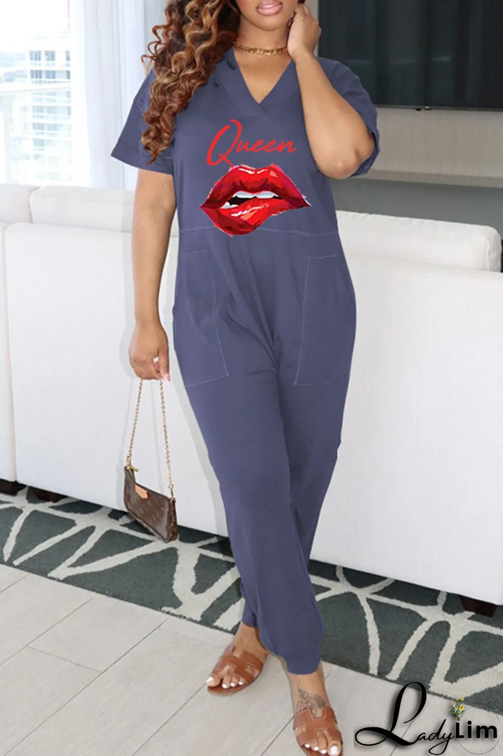 Deep Blue Fashion Casual Print Basic V Neck Regular Jumpsuits