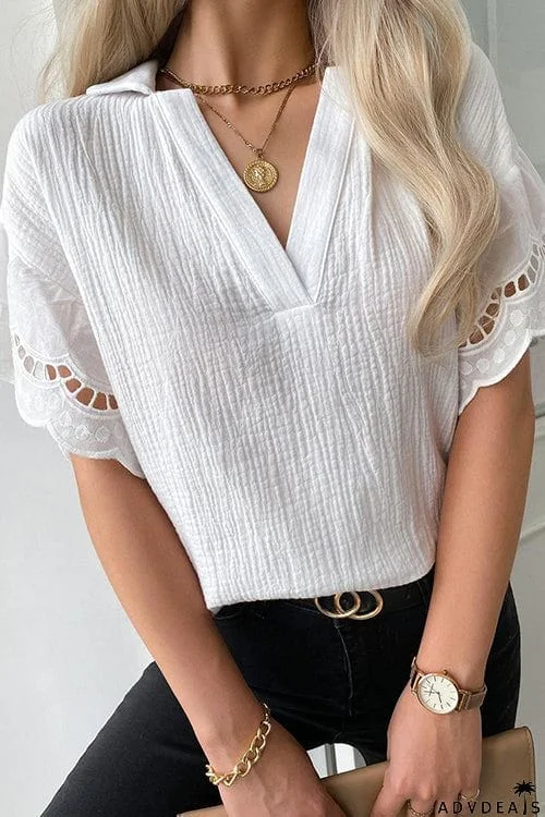 Keyhole Scalloped Edges V Neck Blouse