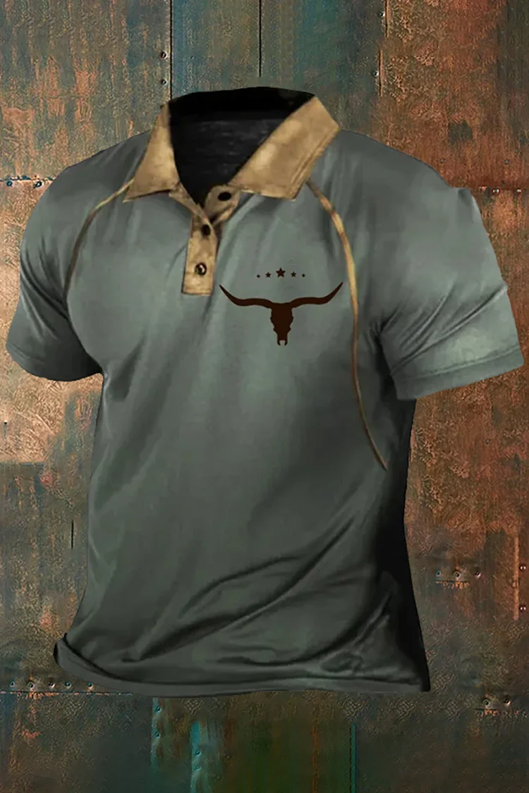 BrosWear Men'S Western Bull Head Star Print Polo Shirt