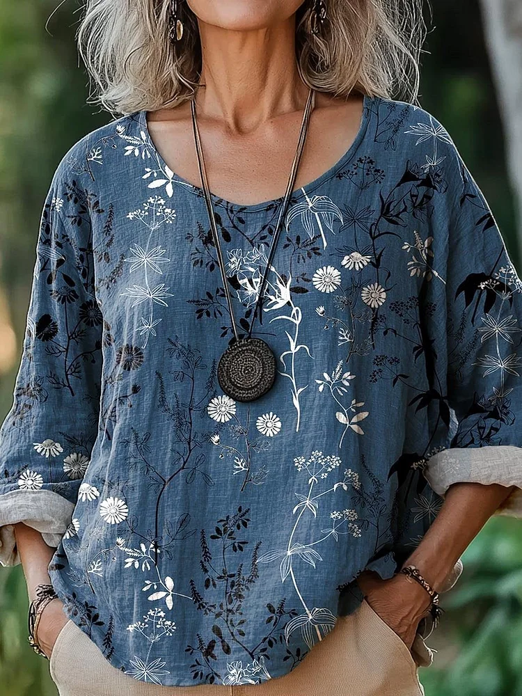 Women's Vintage Lovely Floral Art Print Casual Cotton And Linen Shirt