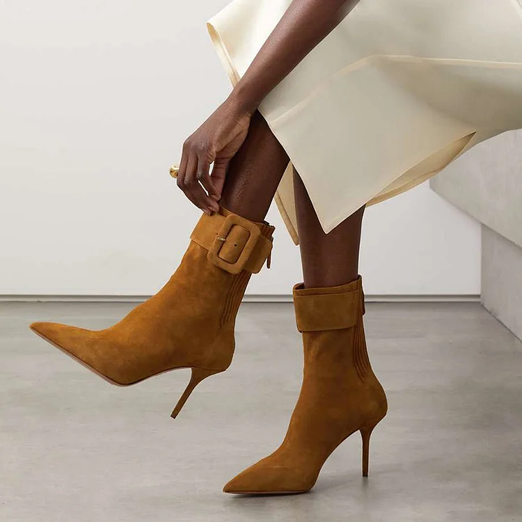 Brown Pointed Toe Booties Vegan Suede Stiletto Heel Ankle Boots |FSJ Shoes