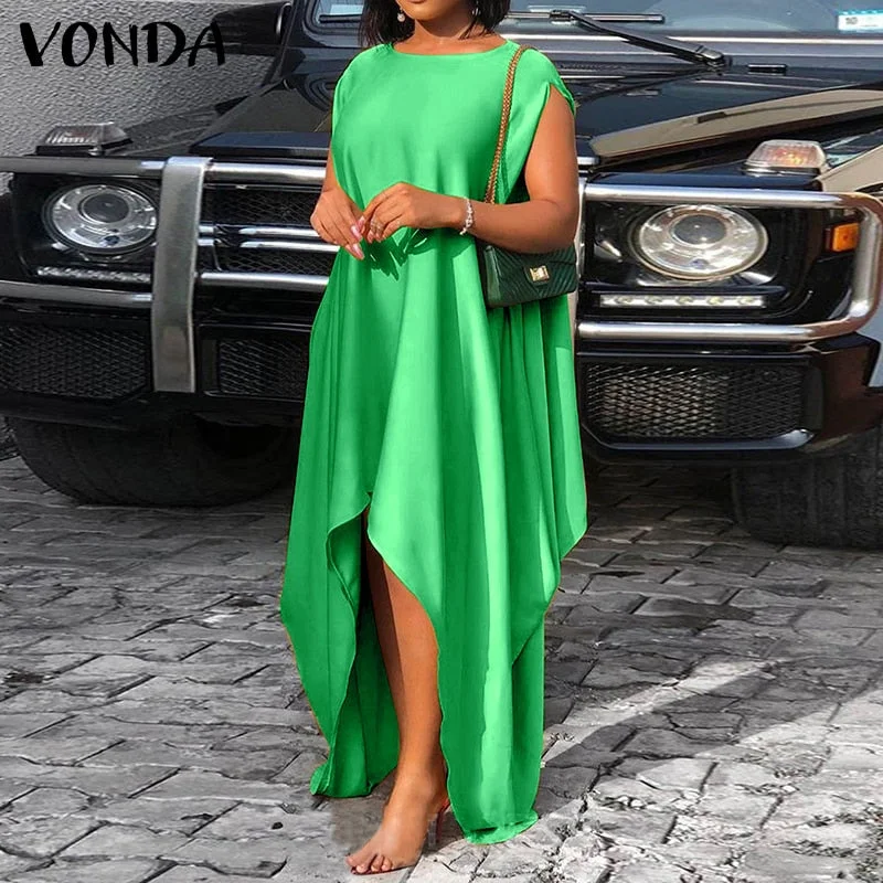 VONDA Bohemian Summer Maxi Dress 2022 Women Vintage Floral Print Satin Dresses Sexy Sleeveless Irregular Hem Vestidos Oversized