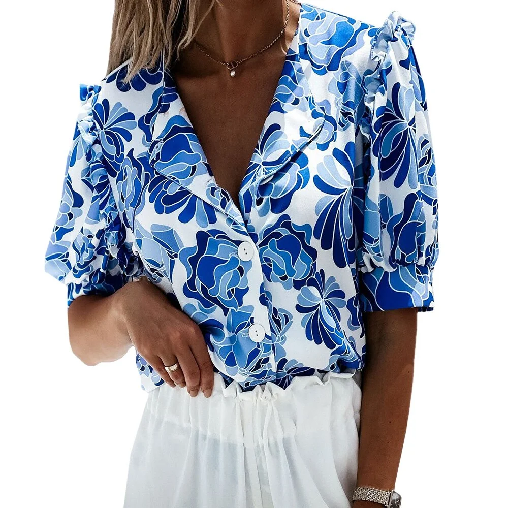 Summer Women Blouses Casual Button Puff Short Sleeve blusas mujer de moda Clothes Women Floral Print Female Shirts Femmes D30