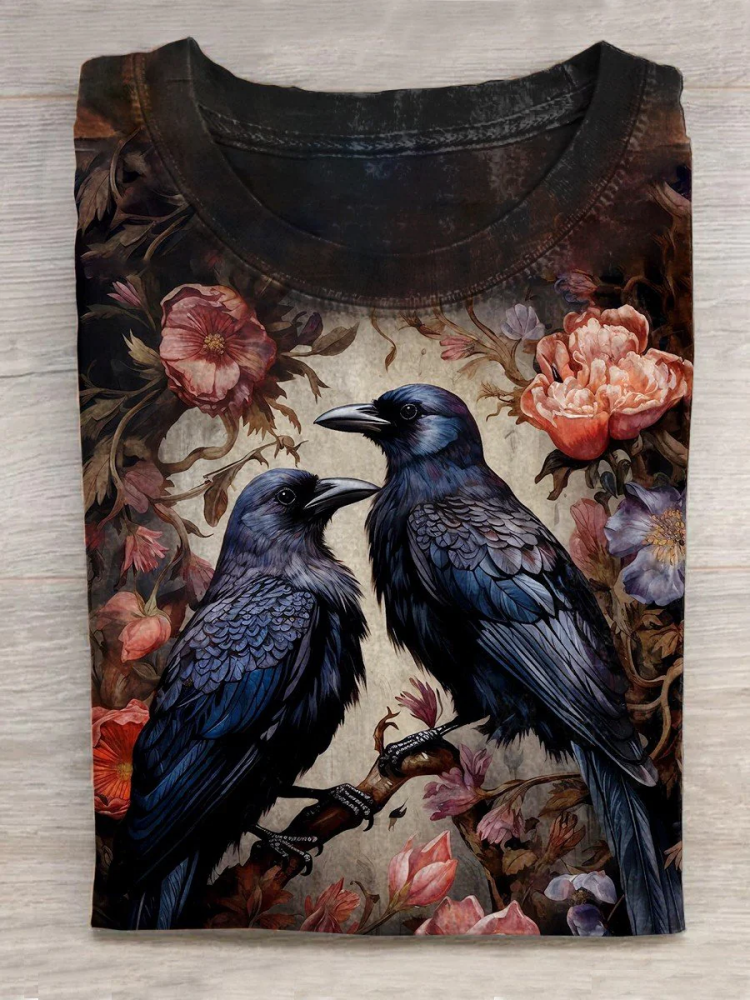 Comstylish Unisex Halloween Raven Floral Print Casual T-Shirt
