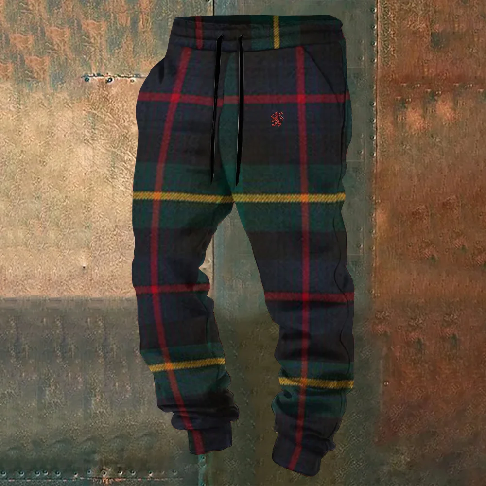 Scotland Lion Embroidered Plaid Casual Pants