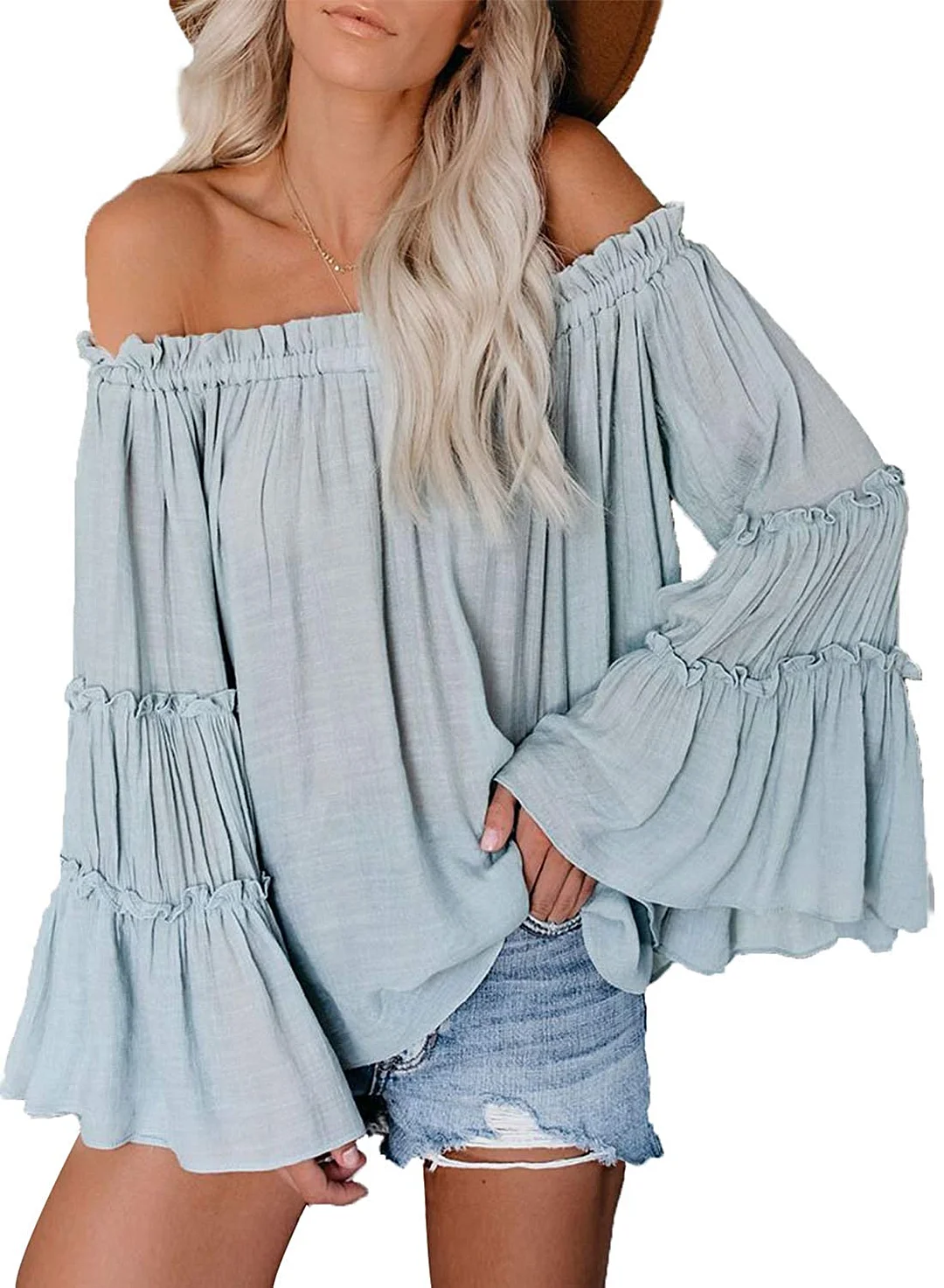 Women's Off The Shoulder Knot Front Top 3/4 Sleeve Boluse Pullover Shirts
