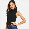 SHEIN Black Elegant Solid Button Scallop Trim Keyhole Back Stand Collar Tank Summer Women Sexy Casual Vest