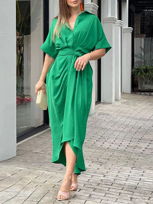 Style & Comfort for Mature Women Women's Short Sleeve Shirt Collar Solid Color Midi Dress