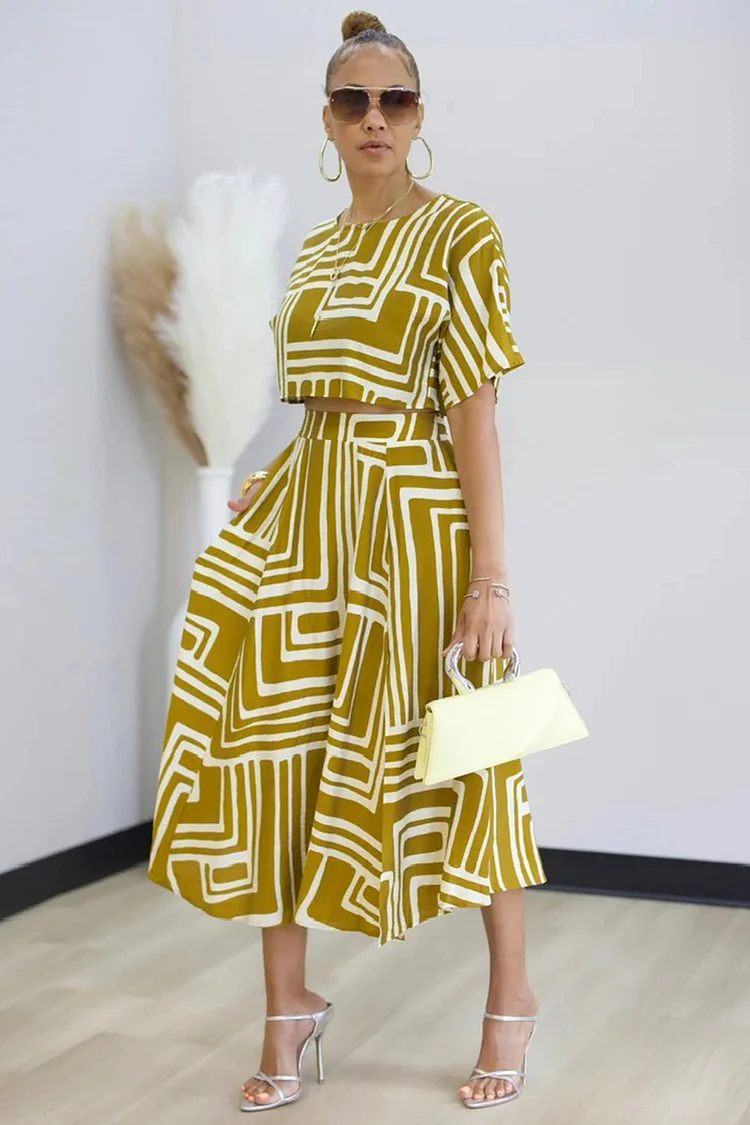 Geometric Print Crew Neck Top Slit Midi Skirt 2pcs Set-Yellow [Pre Order]