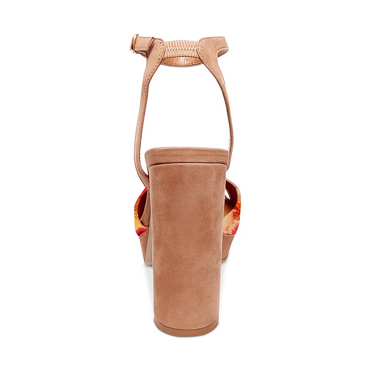 Khaki Floral Heels Ankle Strap Block Heel Sandals with Platform |FSJ Shoes