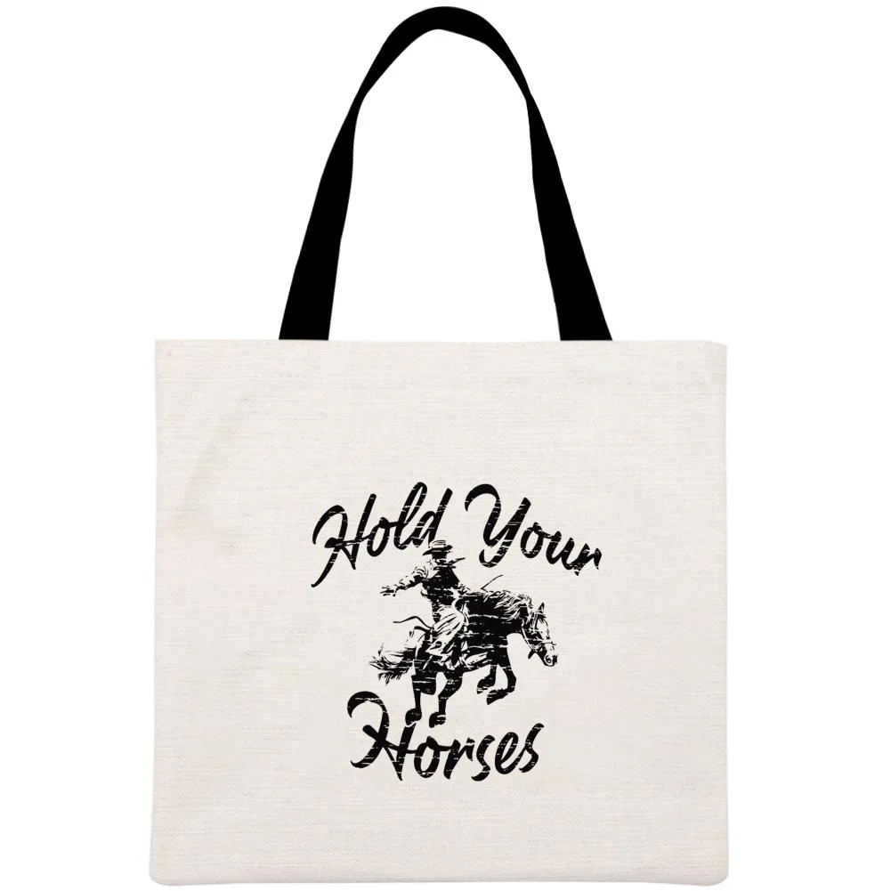 Linen Tote Bag - Hold Your Horses Village Life