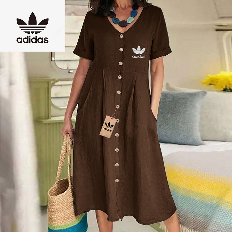 Nové jednobarevné volné šaty s vysokým pasem z bavlny a lnu z roku 2025 @Adidas