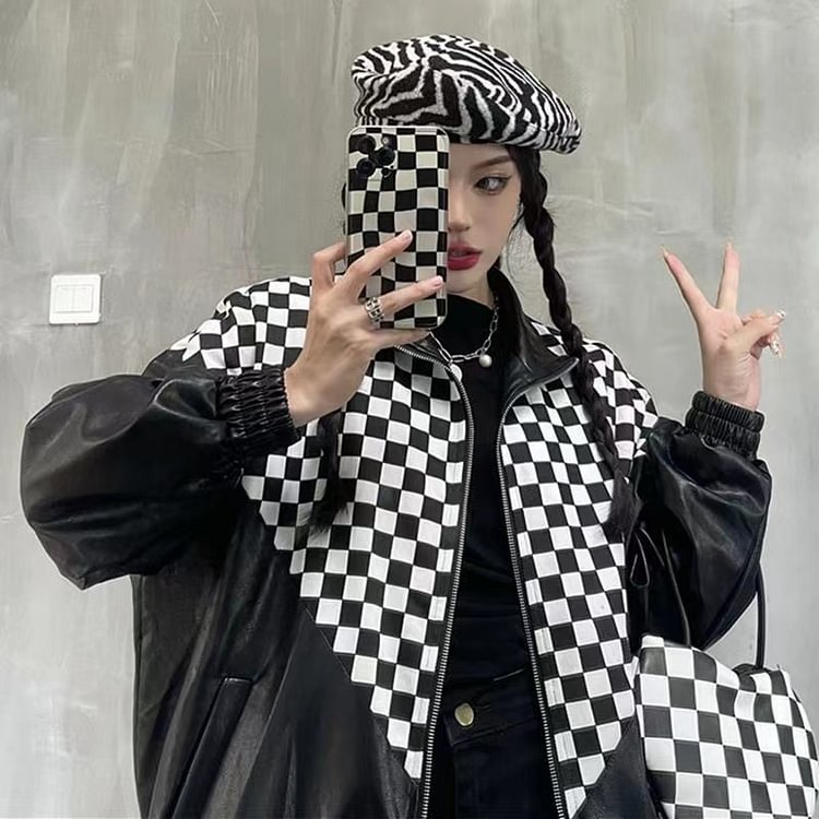 Cool Lapel Patchwork Checkerboard Long Sleeve Pu Leather Zip-up Jacket