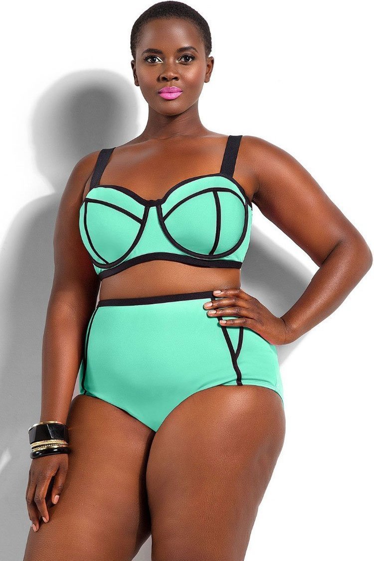 Plus Size Contrast Color Binding High Rise Bikini - Two Piece Swimsuit-elleschic