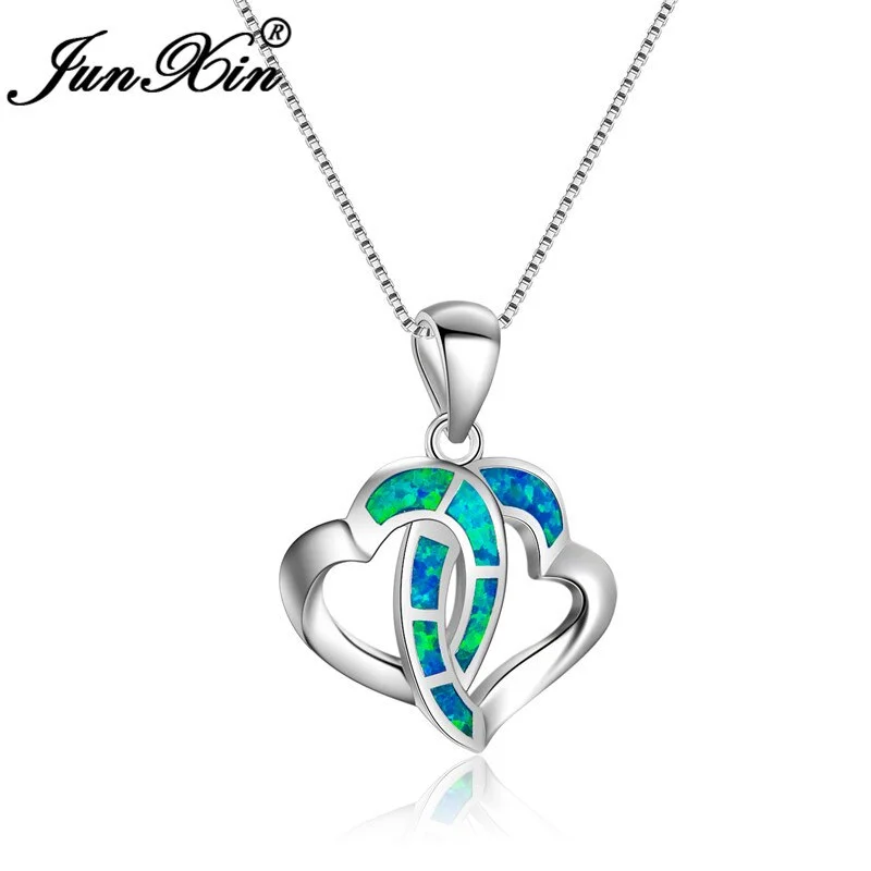 JUNXIN Love Infinity Blue Fire Opal Double Heart Pendant Necklaces Women Silver Color Engagement Choker Necklace