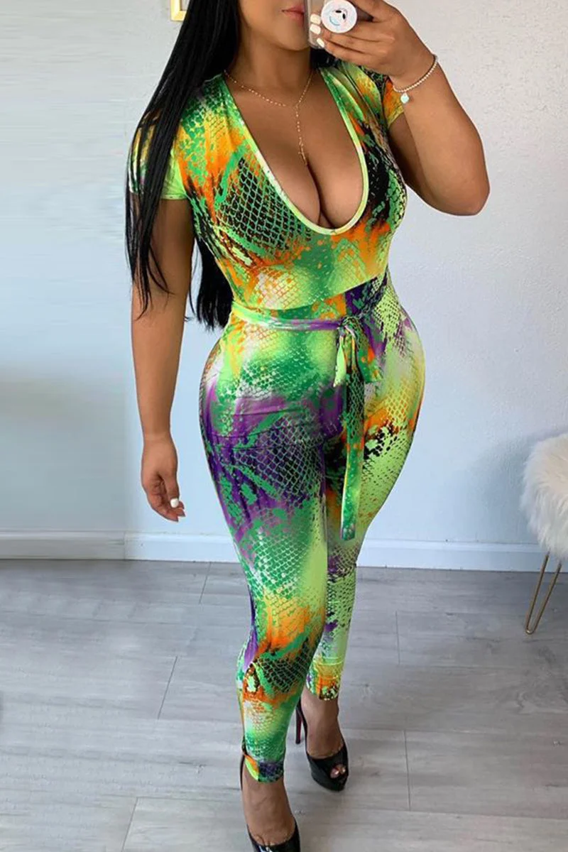Fashion Casual Print Patchwork O Neck Skinny Jumpsuits